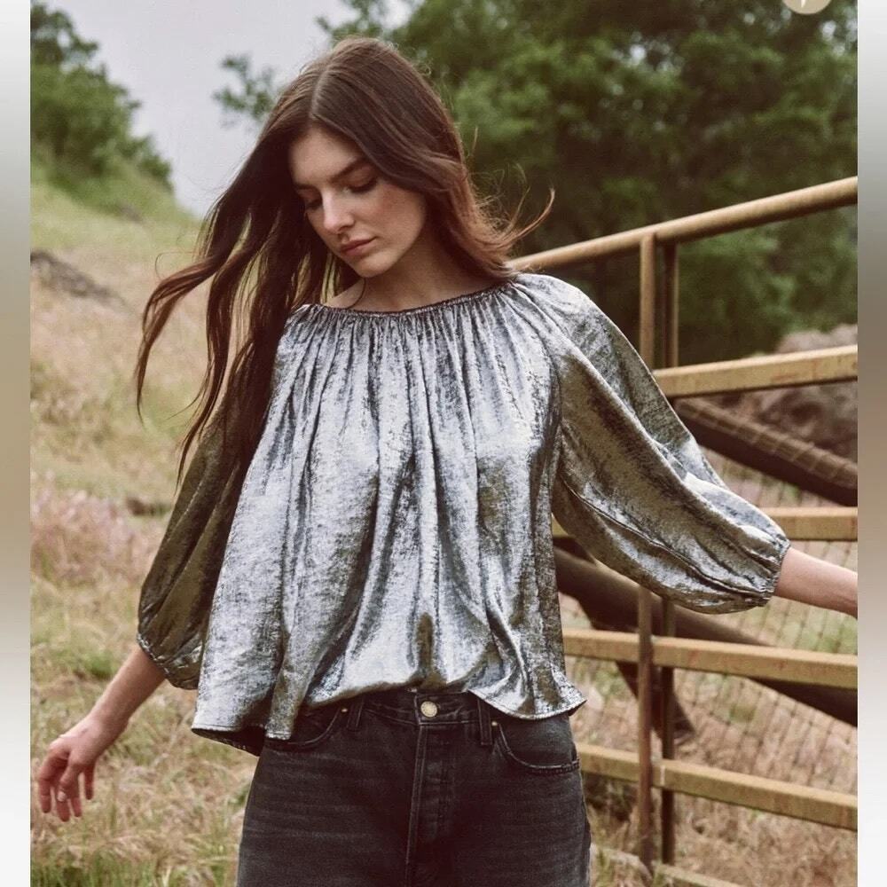 The Great Silver Palmette Metallic Blouse Top Size 0